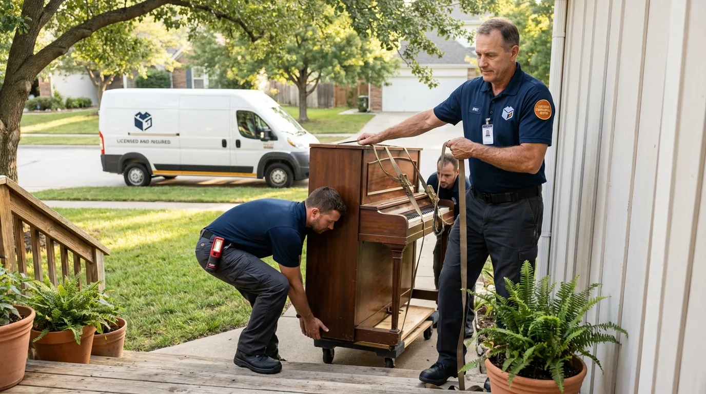 Licensed piano movers securing grand piano in Mansfield, OH