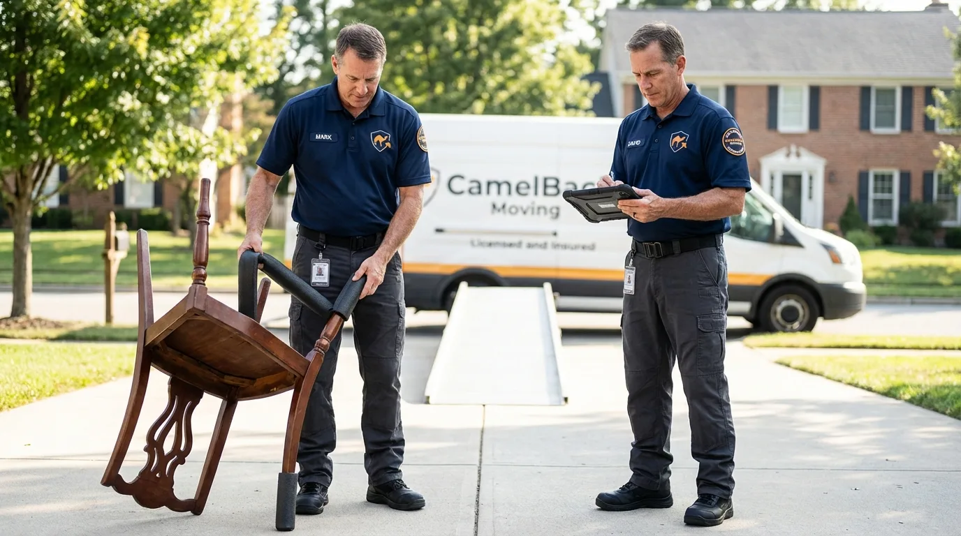 Movers inspecting furniture for damage prevention before loading in Mansfield, OH